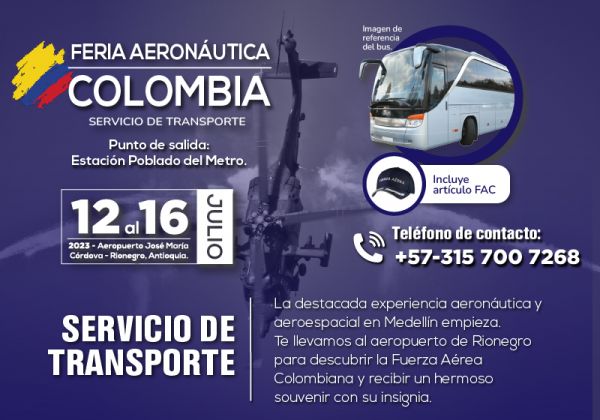 TRANSPORTE IDA - FERIA AERONÁUTICA COLOMBIA 2023 - INCLUYE SOUVENIR FAC
