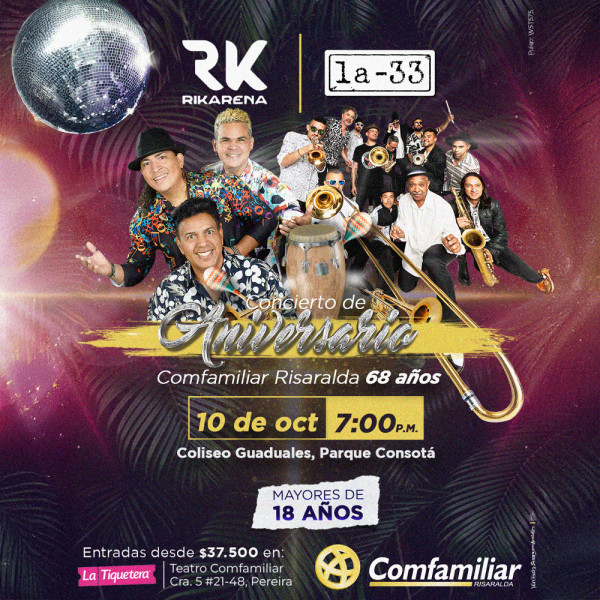 La 33 y Rikarena en el concierto de aniversario de Comfamiliar Risaralda